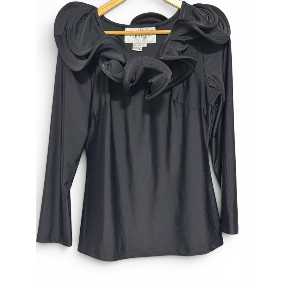 Serafina Vintage Black Long Sleeve‎ Top Sculptural Rosette Ruffle Neck Blouse 8